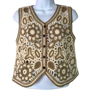 Festival Boho 70s Inspired Crochet Floral Vest Sz S Cottage Earthy Granola Indie